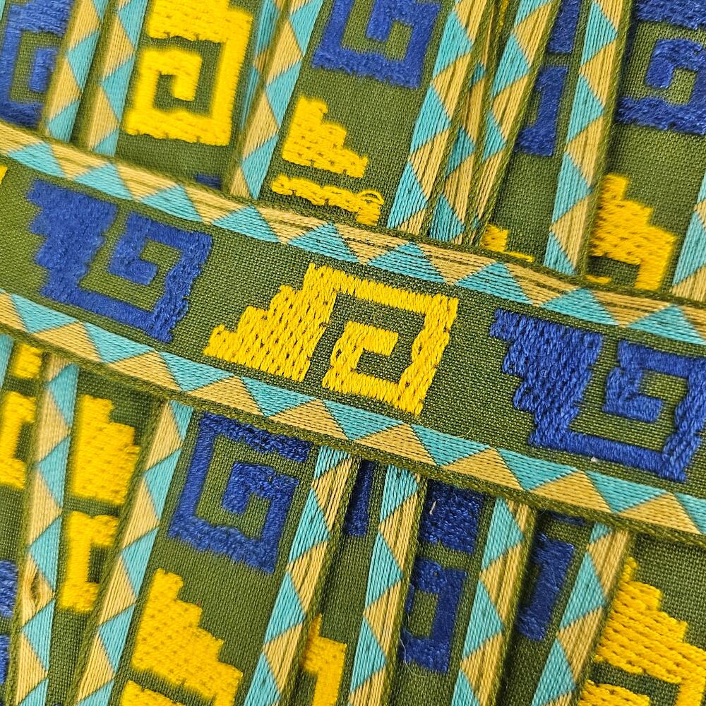 VTG MCM Greek key embroidered ribbon trim lime gold, blue boho retro 16 yards